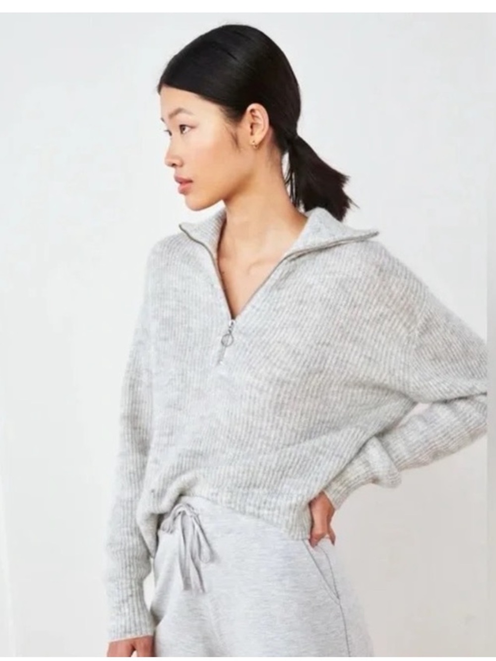 Quince Gray Baby Alpaca- Merino Wool Blend Half-Zip Cowl Sweater